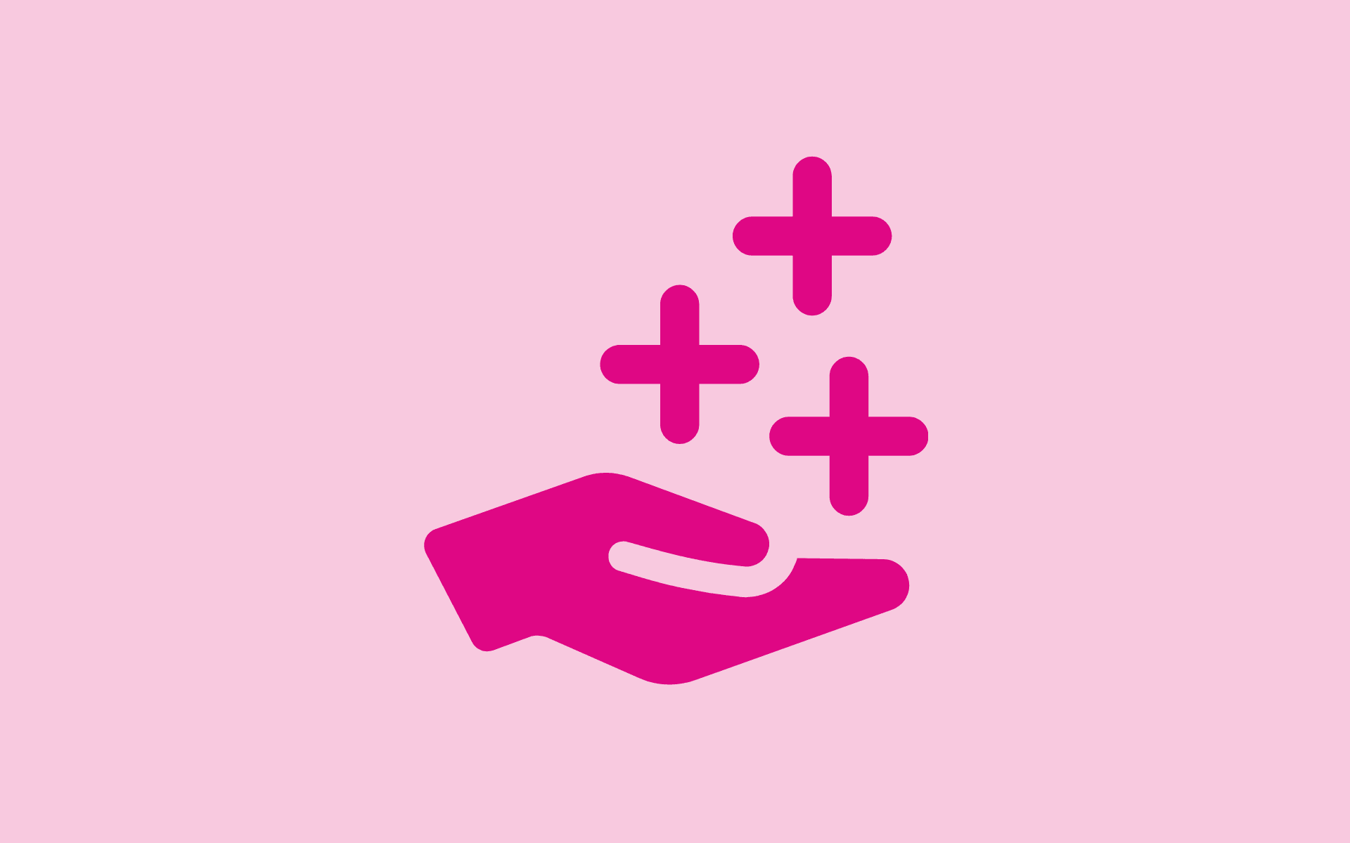 Cartoon van een hand met plusjes erboven tegen een roze achtergrond.