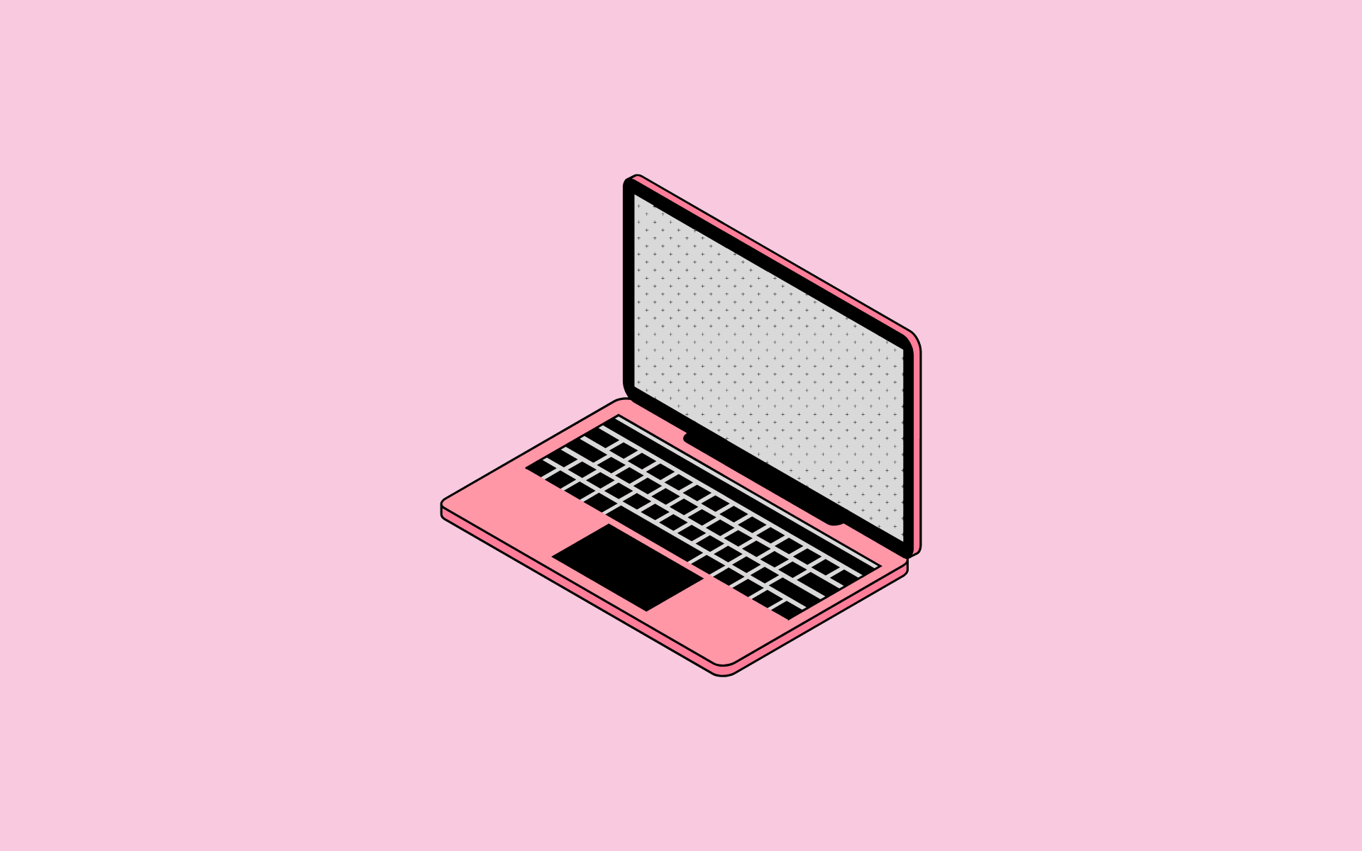 Cartoon van een roze laptop tegen een roze achtergrond.