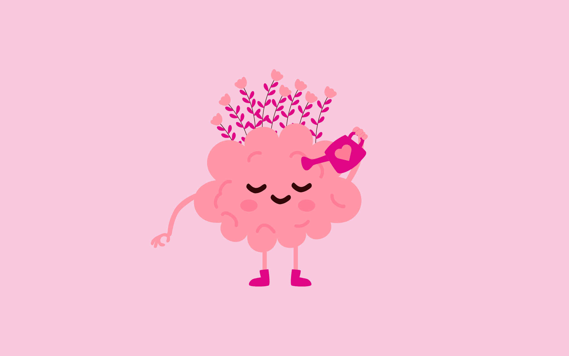 Cartoon van een roze wolk met bloemetjes die zichzelf met een gieter water geeft tegen een roze achtergrond.