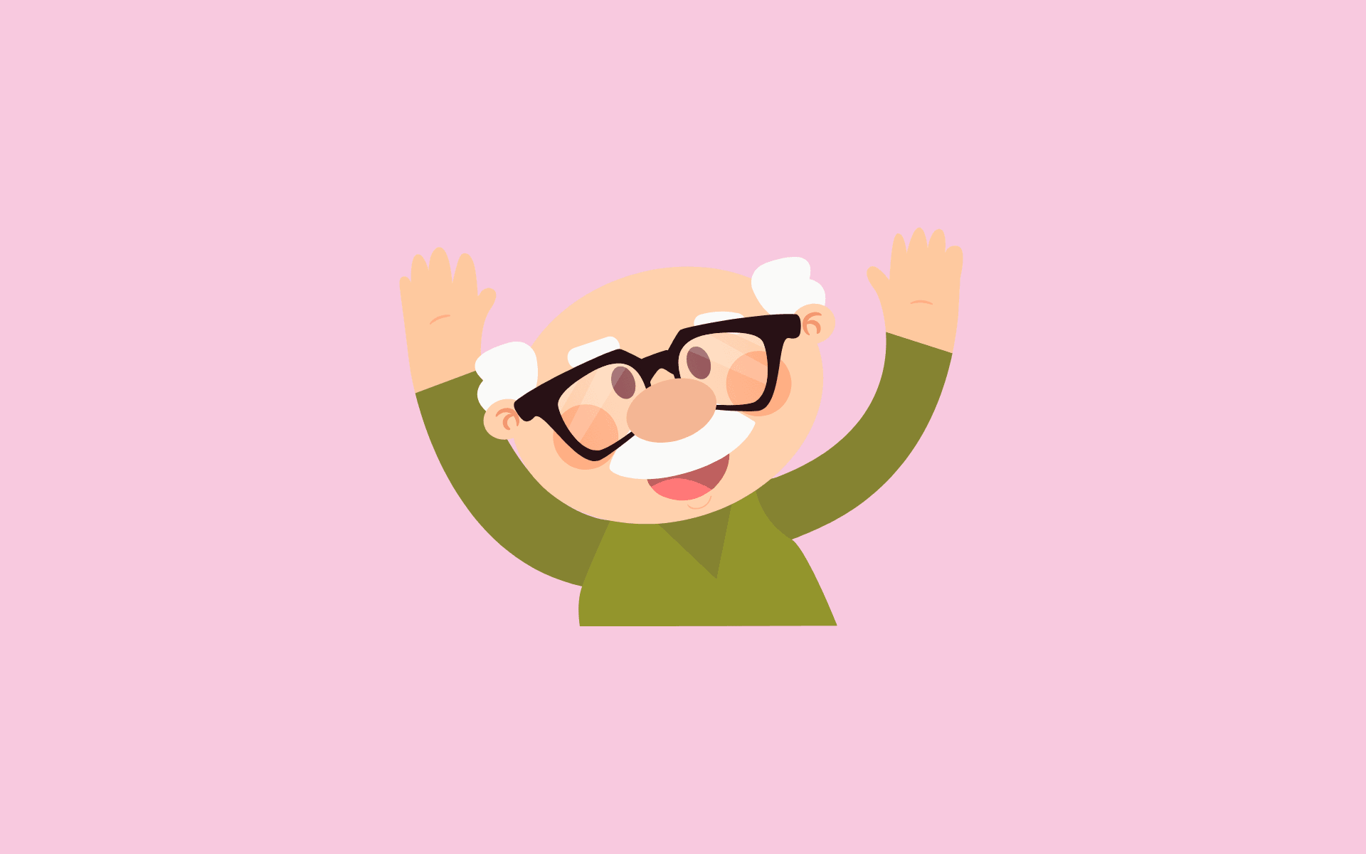 Cartoon van een oude man met een bril tegen een roze achtergrond.