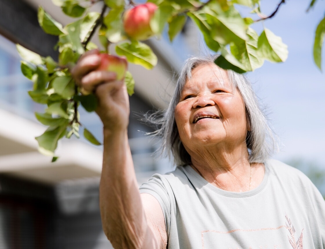 Een blije vrouw plukt een appel.